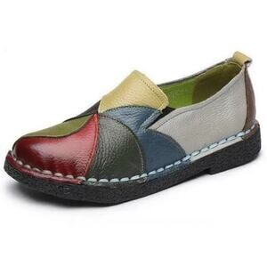Socofy Colorful Patchwork Art to Wear Genuine Leather Moccasin Shoe Size 6.5